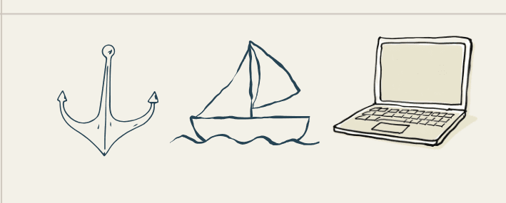 OB Design hand-drawn brand element icons: anchor, sailboat, laptop