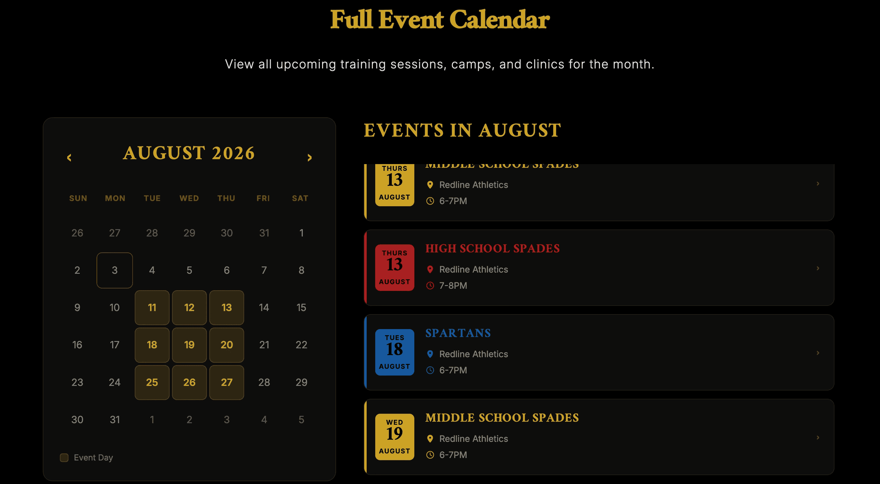 Gold Glove Infielders event calendar interface