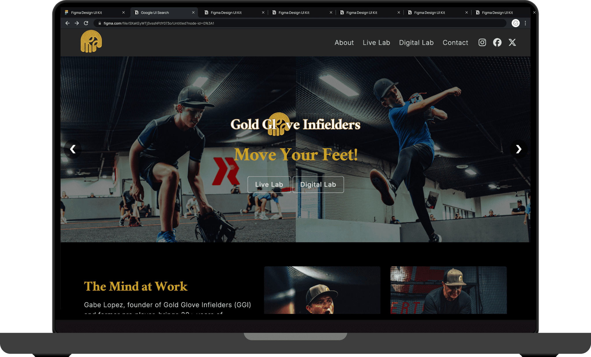 Gold Glove Infielders website design displayed on a desktop monitor
